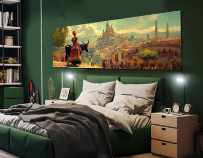 Spanish Village Canvas Print – Framed Cotton Canvas Wall Art with Bull Artwork