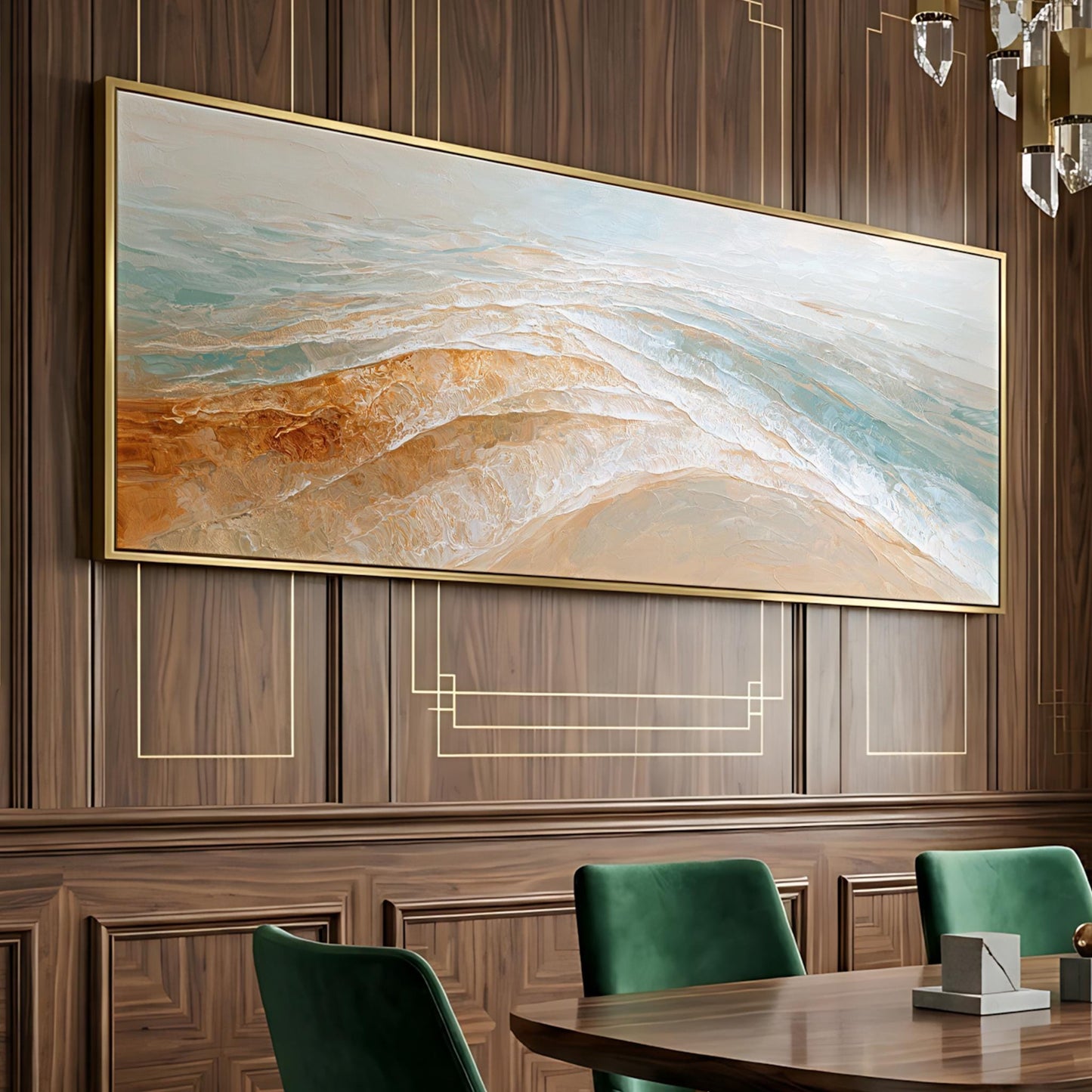 a large, rectangular painting hanging on a wooden wall above a dining table with green chairs.