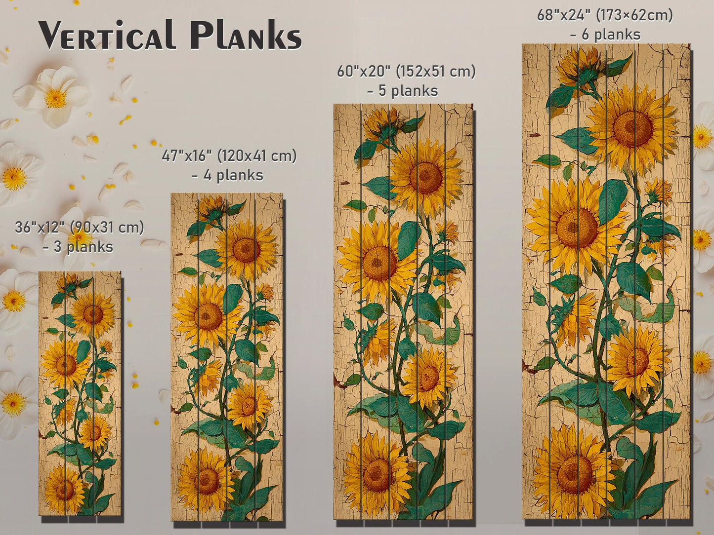 Sunflowers Wood Art – Rustic Wall Decor | Vibrant Floral Print on Natural Wood Planks