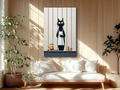 Black Cat Wall Art - Funny Cat Chef Poster | Minimalist Wood Print on Wood