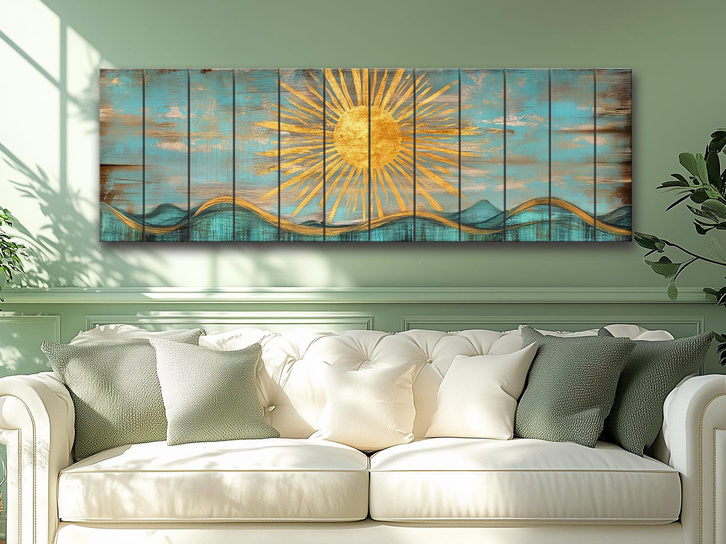 Abstract Golden Sun Over Turquoise Waves Print on Natural Wood, Boho Sunrise Print, Rustic Sun Painting, Boho Wall Decor, Wood in Interior