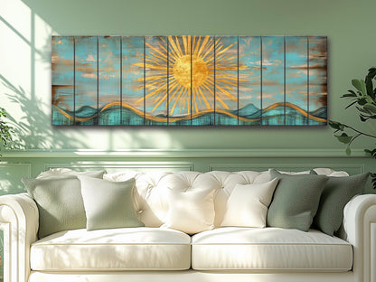 Abstract Golden Sun Over Turquoise Waves Print on Natural Wood, Boho Sunrise Print, Rustic Sun Painting, Boho Wall Decor, Wood in Interior