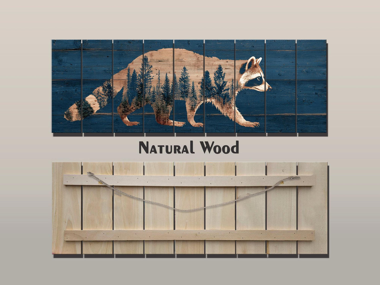 Raccoon Wall Art – Rustic Woodland Forest Silhouette on Natural Wood Planks