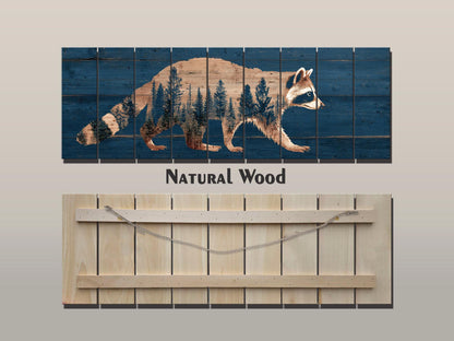 Raccoon Wall Art – Rustic Woodland Forest Silhouette on Natural Wood Planks