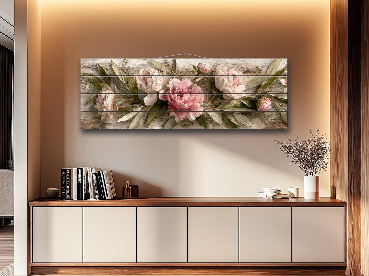 Peonies Print Wood - Beige Pink Floral Wall Art | Rustic Farmhouse Flower Print