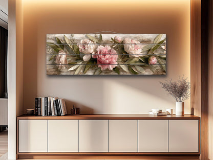 Peonies Print Wood - Beige Pink Floral Wall Art | Rustic Farmhouse Flower Print
