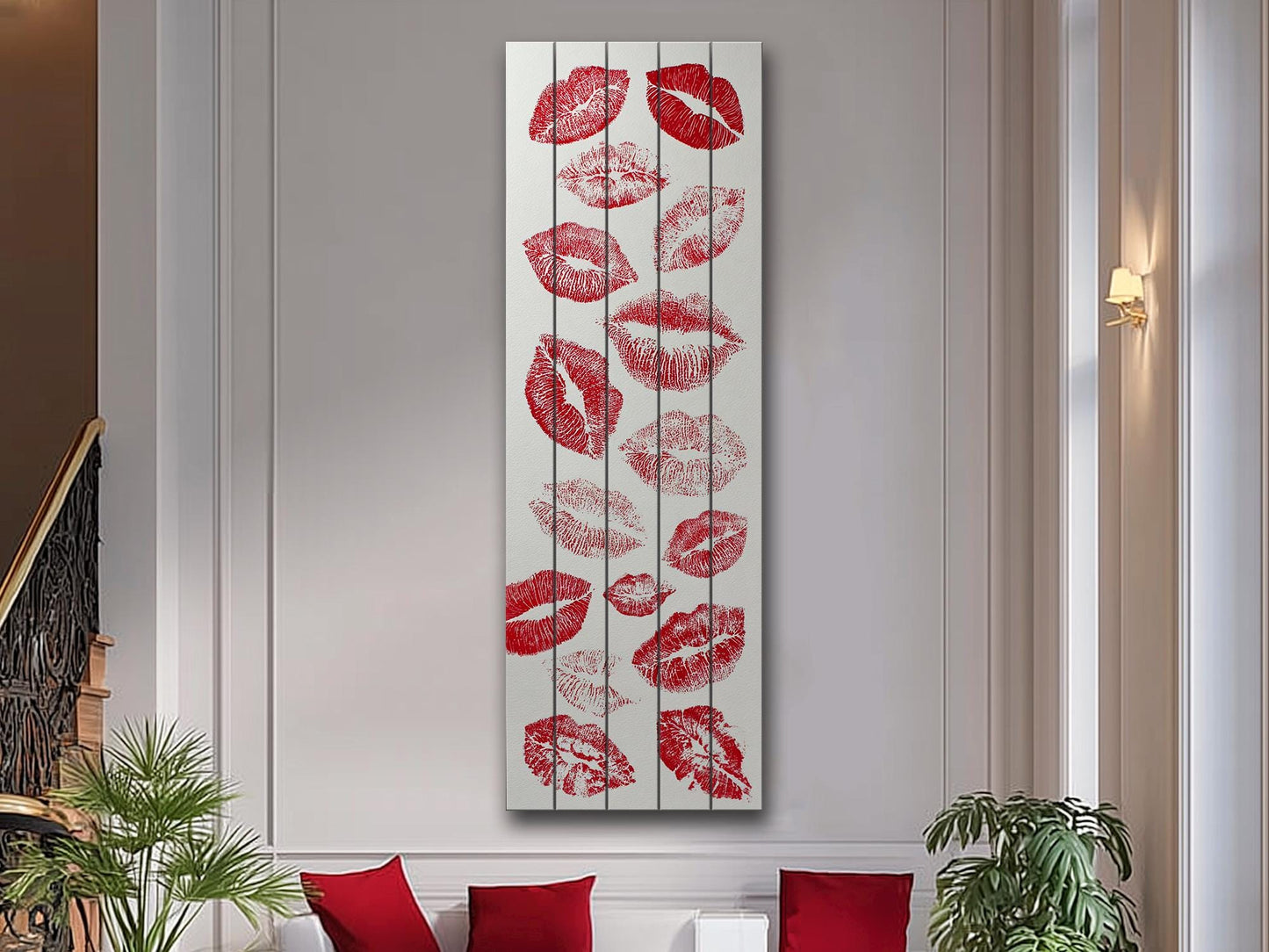 Romantic Wood Wall Art – Red Lips Print Artwork | Rustic Wooden Wall Decor