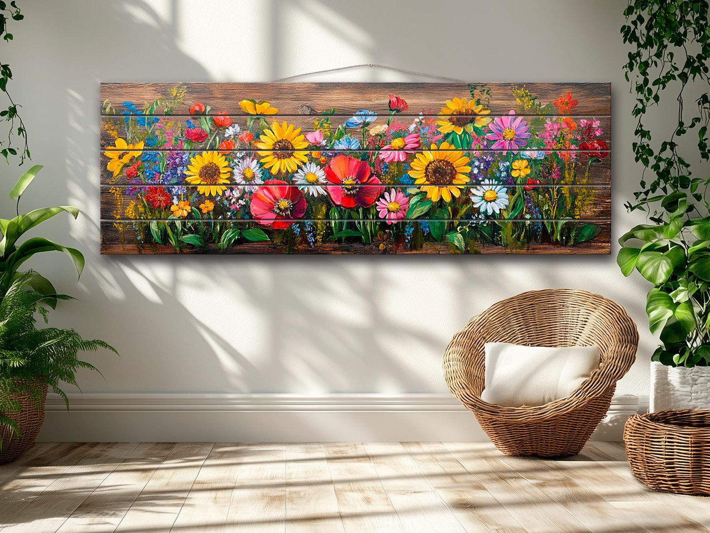 Wood Wall Art – Rustic Floral Wall Art with Daisy Sunflower Poppy Summer Print
