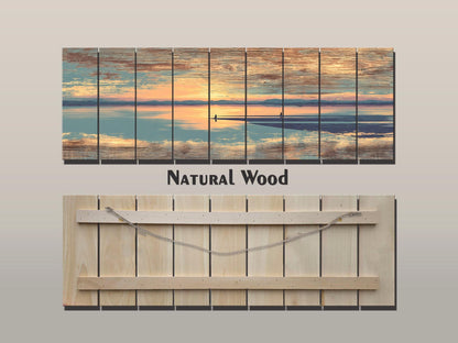 Sunrise Beach Yoga Print – Wooden Yoga Wall Art With Coastal Meditation Scene