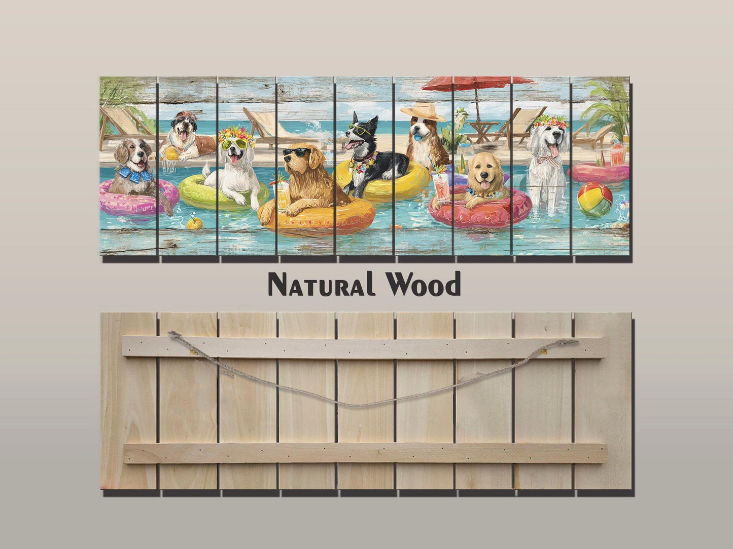 Dog Pool Wall Art – Funny Dog Painting On Rustic Wood For Summer Pool Party