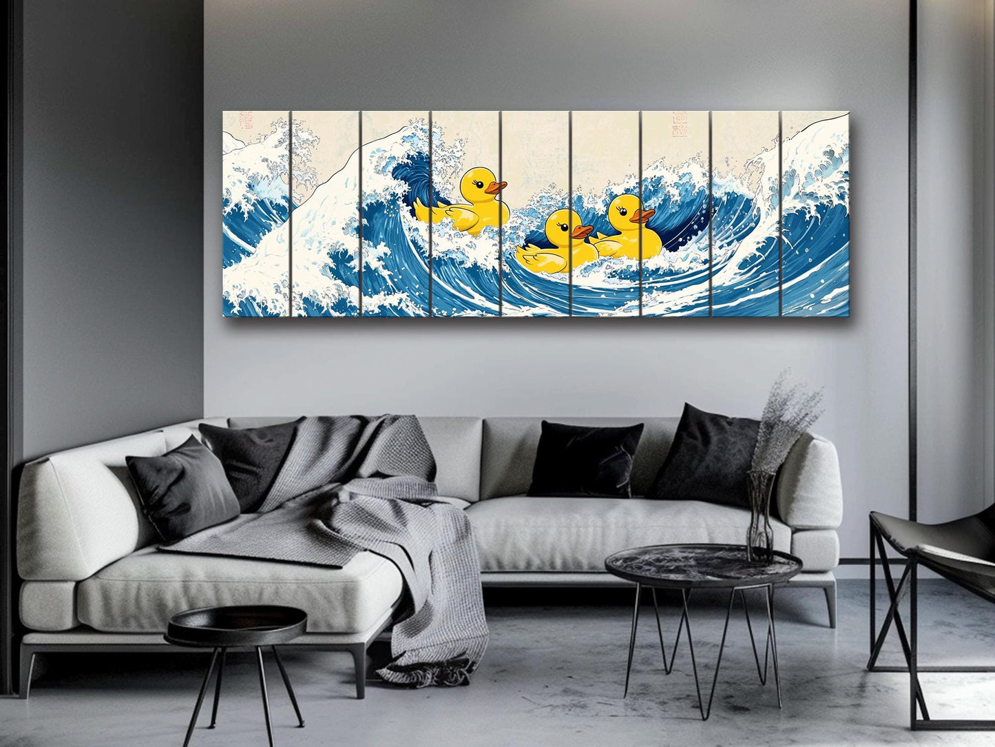 Rubber Ducks on The Great Wave off Kanagawa Print on Natural Wood – Fun Wall Art