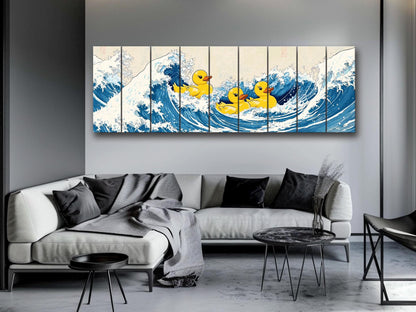 Rubber Ducks on The Great Wave off Kanagawa Print on Natural Wood – Fun Wall Art