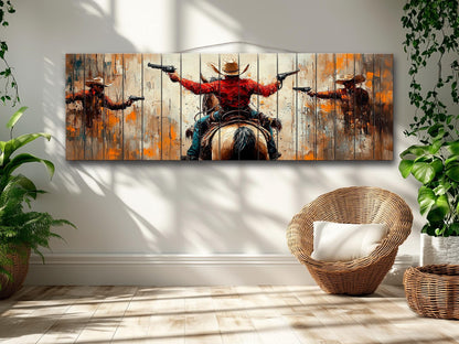Wild West Wall Art - Retro Style Cowboys Painting Printed on Natural Wood, Western Wall Decor, Western Movie Lover Gift, Wild West Print