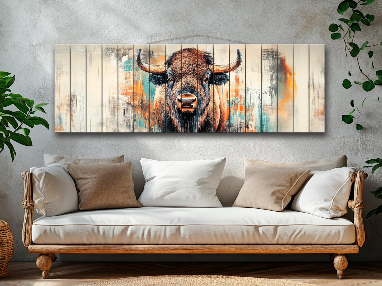 Rustic Wood Wall Art - Bison Print on Wood, Abstract Bison Portrait, Bison Wall Art, Farmhouse Wall Decor, Bison Painting, Bison in Interior