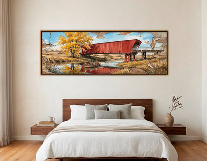Roseman Bridge Canvas Print, Panoramic Covered Bridge Painting, Large River Wall Art, Framed and Ready to Hang