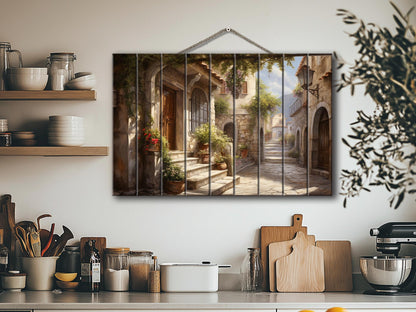Italian Village Wall Art – Rustic Wood Plank Painting with Vibrant Italy Landscape Print