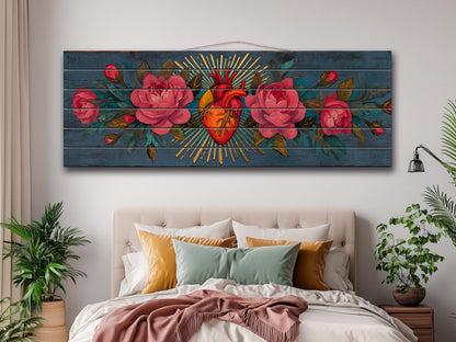 Sacred Heart Wall Art – Handcrafted Wood Wall Decor | Blooming Roses Print