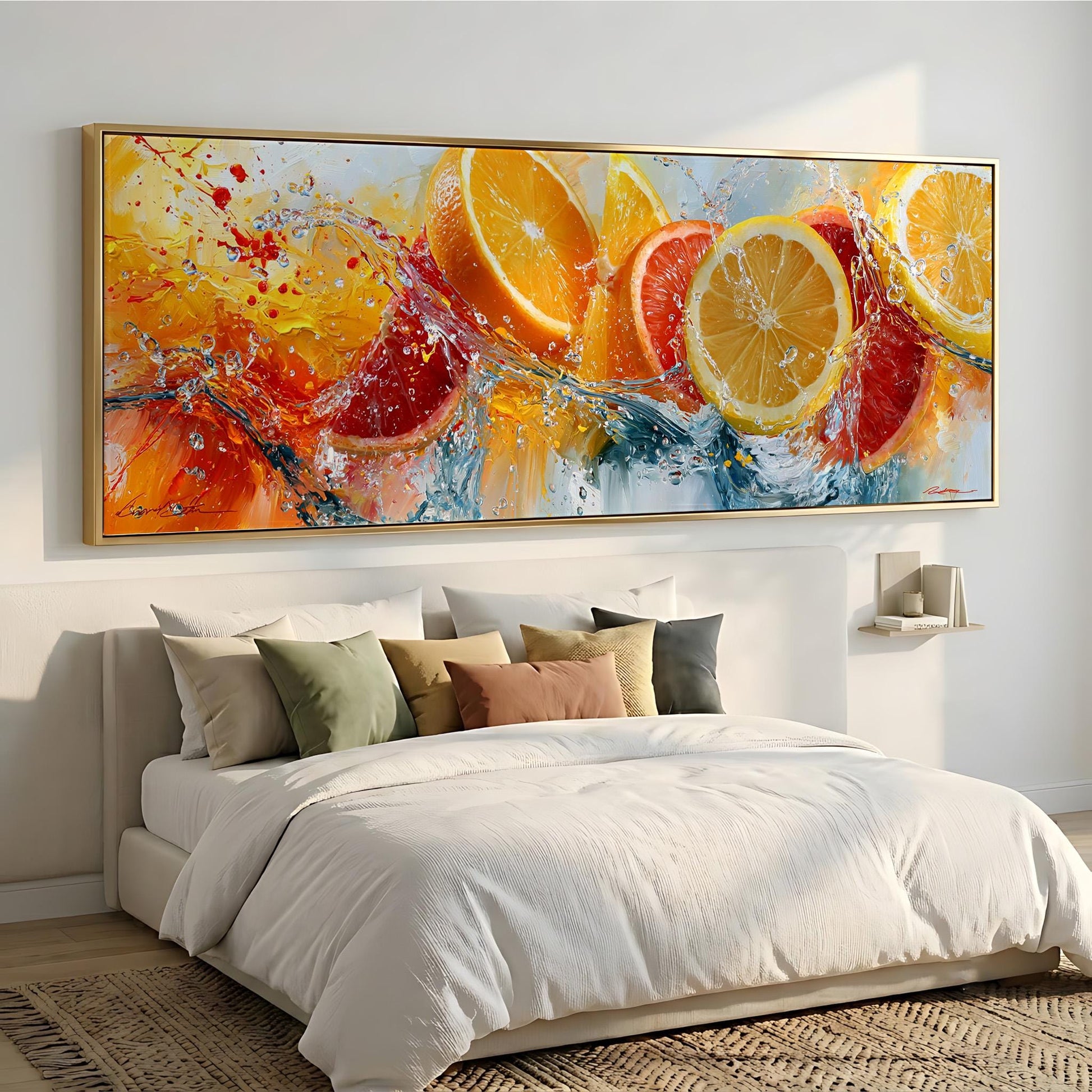 a large, colorful painting of oranges hanging on a wall above a bed with white bedding.