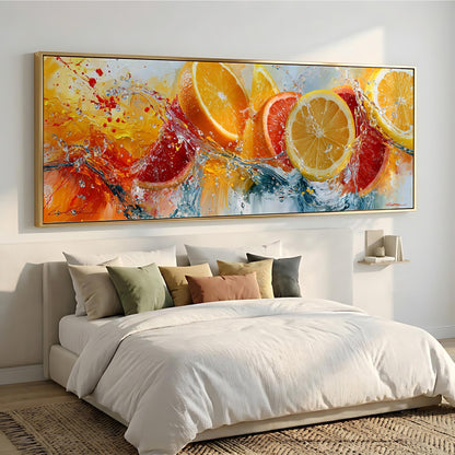 a large, colorful painting of oranges hanging on a wall above a bed with white bedding.