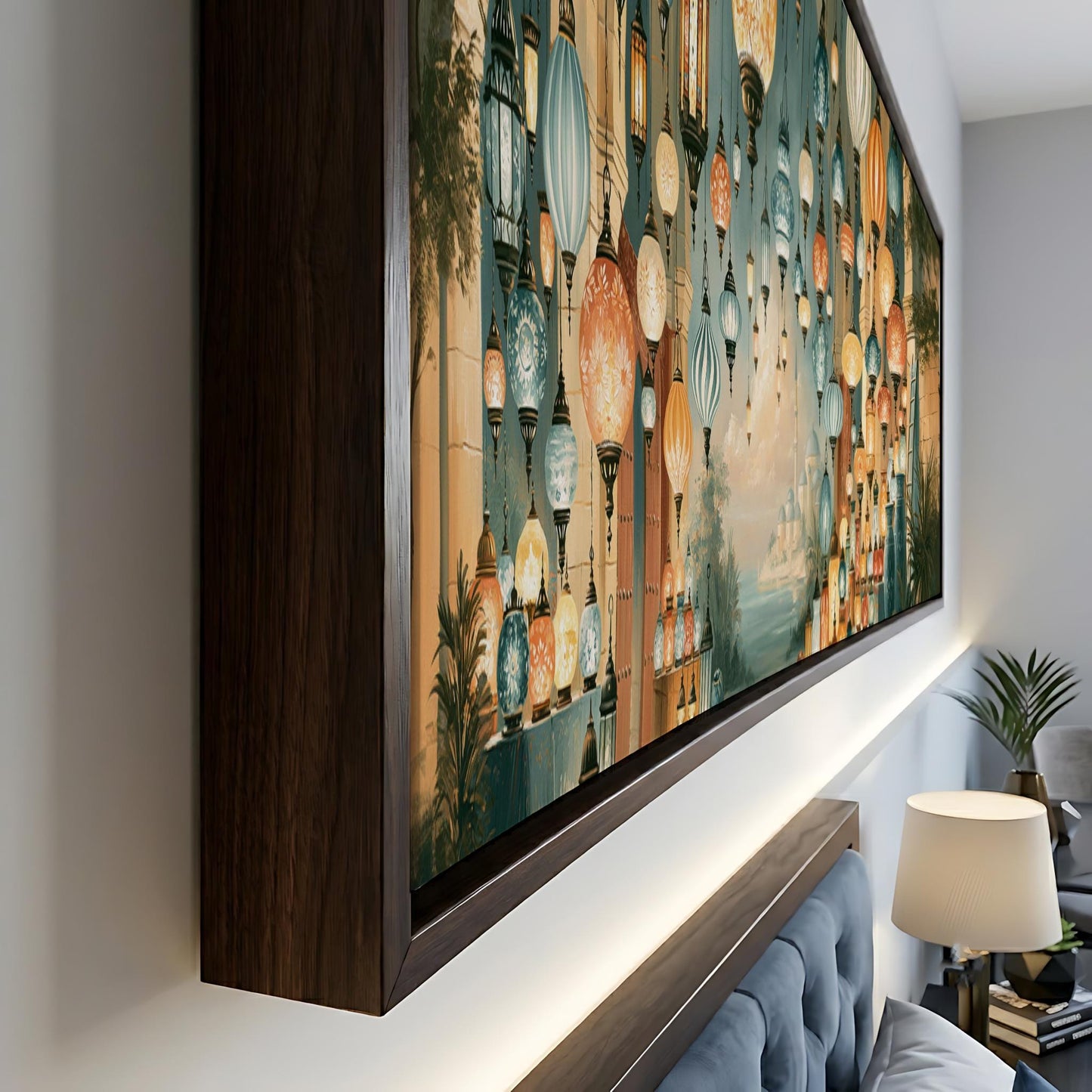 a large, colorful painting of lanterns hanging on a wall, creating a vibrant and lively atmosphere in the room.