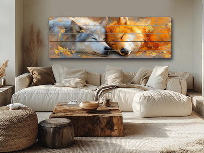 Sleeping Wolf Couple Print on Wood, Romantic Wildlife Wall Art