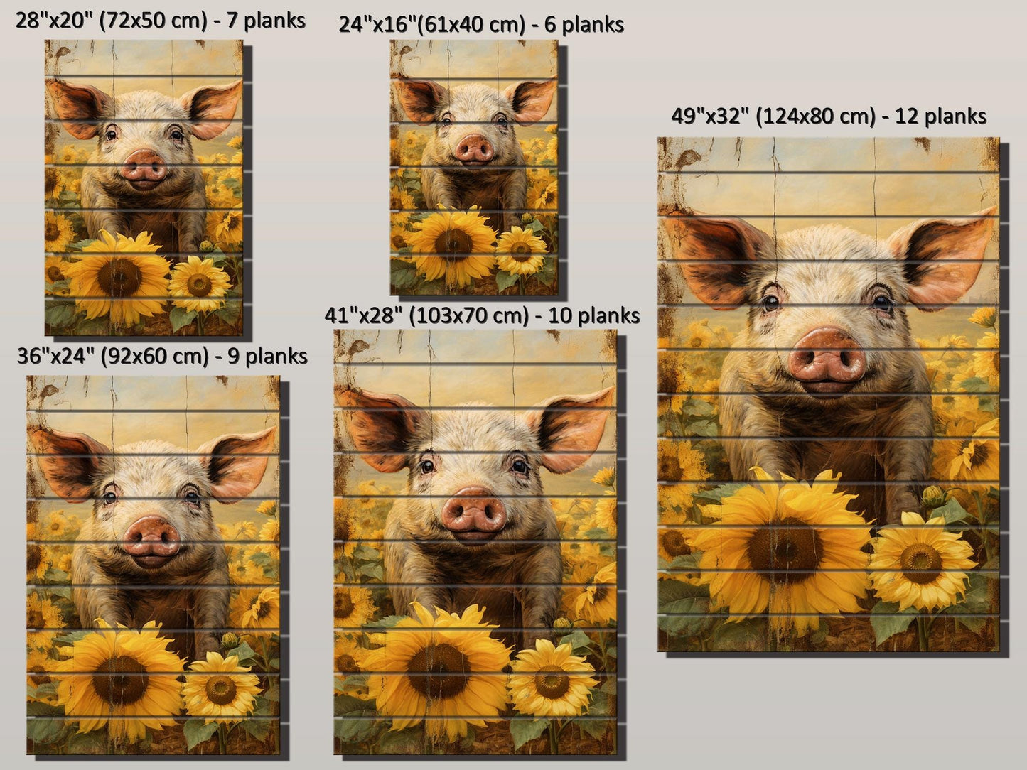 Rustic Wooden Wall Art – Pig In Sunflower Field Wood Plank Print With Fade Resistant Colors