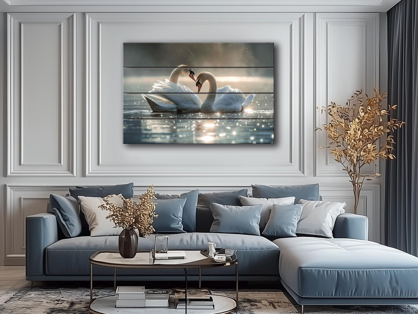 Wood Wall Art - Swans Couple Painting on Natural Wood Planks | Romantic Anniversary Gift