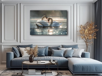 Wood Wall Art - Swans Couple Painting on Natural Wood Planks | Romantic Anniversary Gift