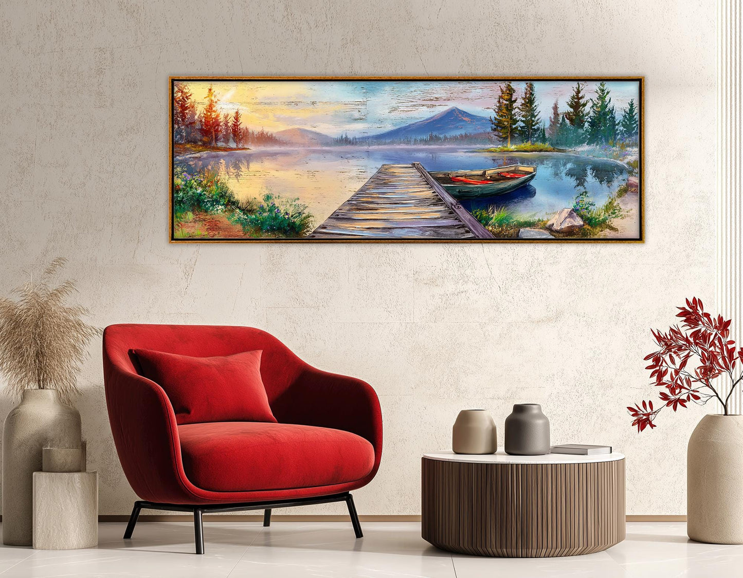 Lake Pier Canvas Print, Mountain Lake and Fishing Boat Painting, Framed & Ready to Hang