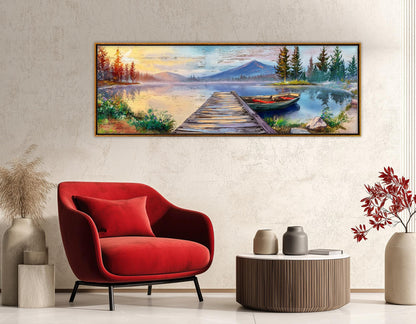 Lake Pier Canvas Print, Mountain Lake and Fishing Boat Painting, Framed & Ready to Hang
