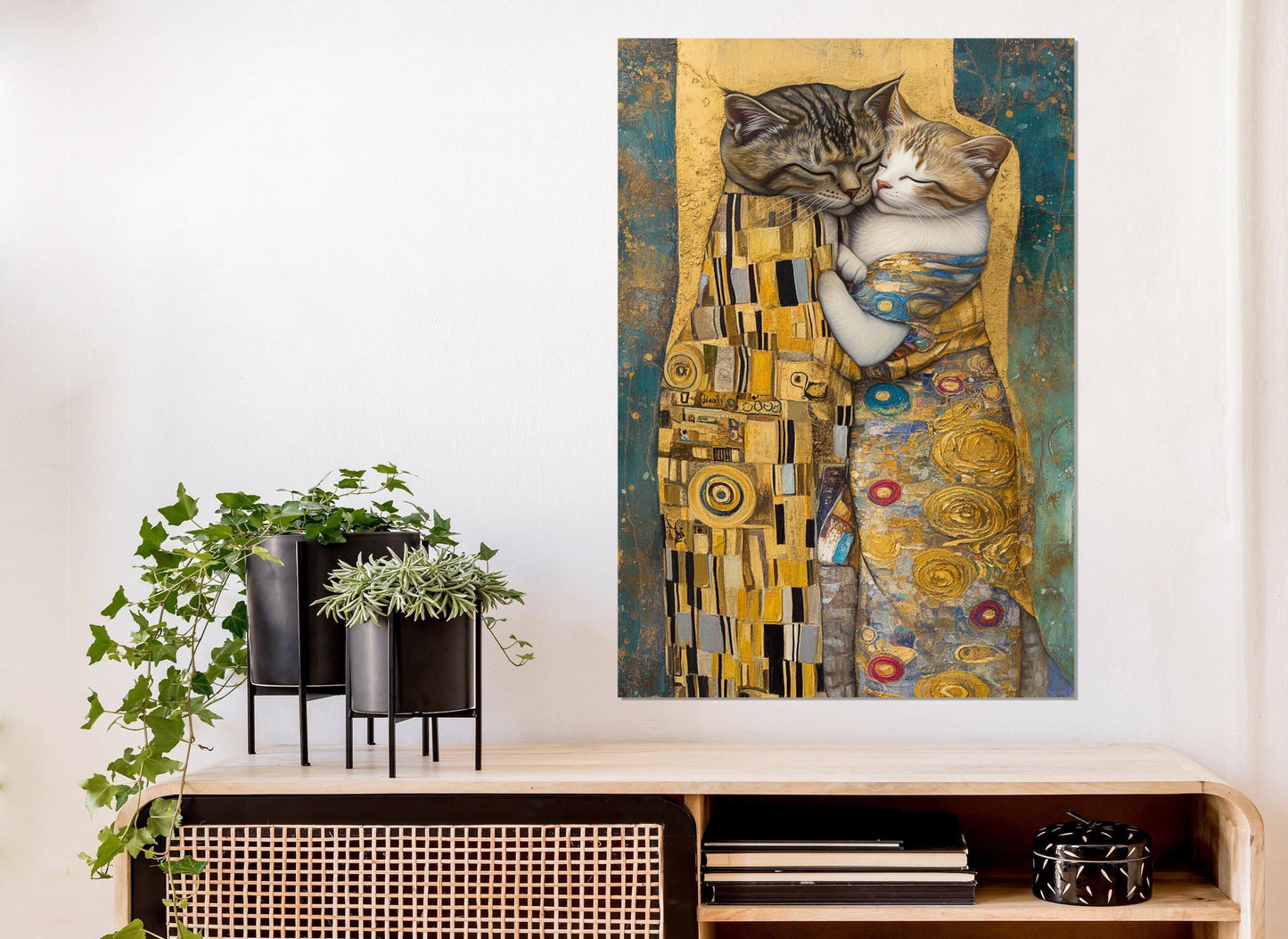 Cats Kiss Canvas Print - Gustav Klimt Style Romantic Cat Painting, Framed Art