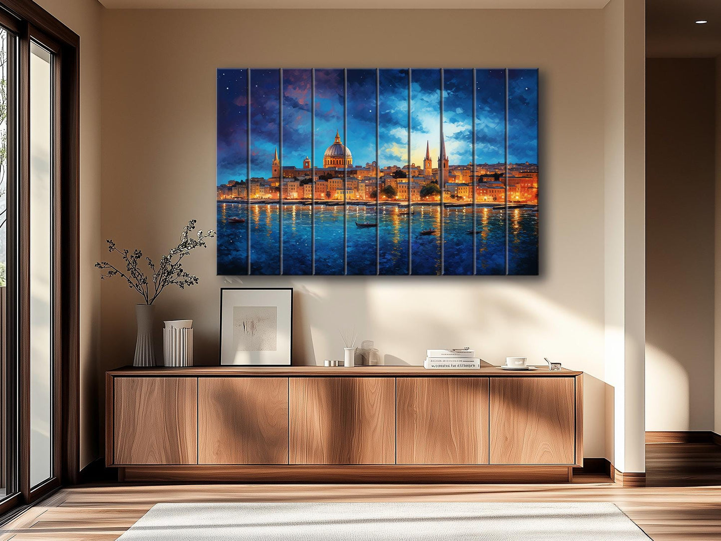 Wooden Wall Art - Rustic Valletta Skyline Print on Natural Wood Planks