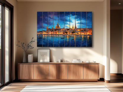Wooden Wall Art - Rustic Valletta Skyline Print on Natural Wood Planks