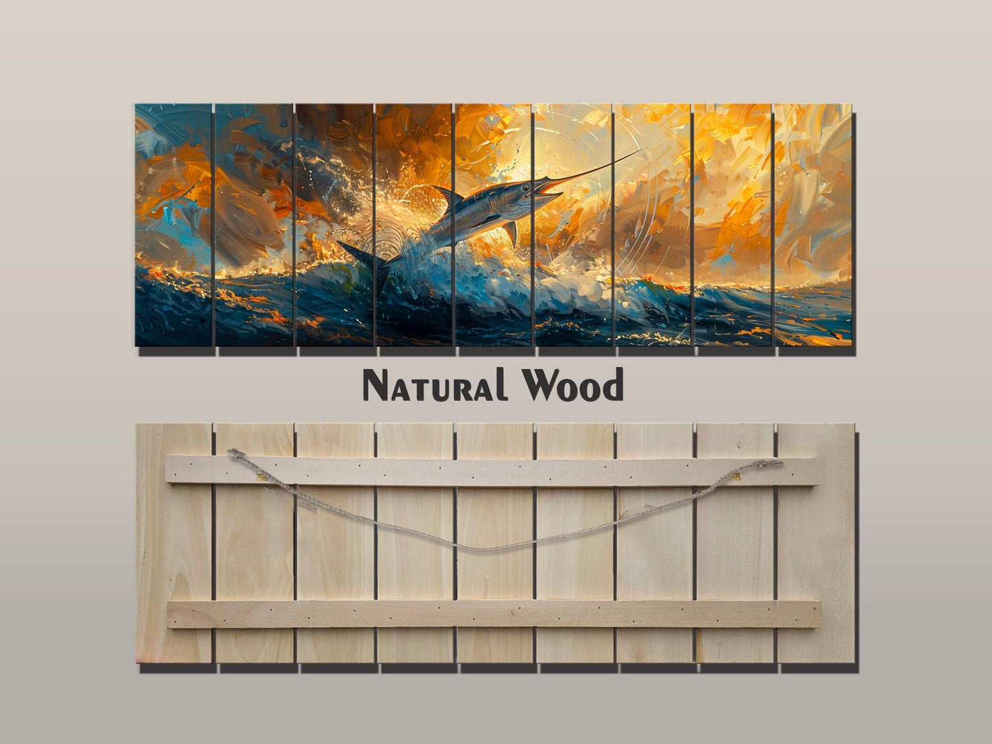 Marlin Wood Wall Art – Colorful Marlin Print on Natural Wood Planks