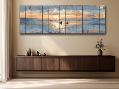 Sunrise Beach Yoga Print – Natural Wood Wall Art | Coastal Yoga Decor