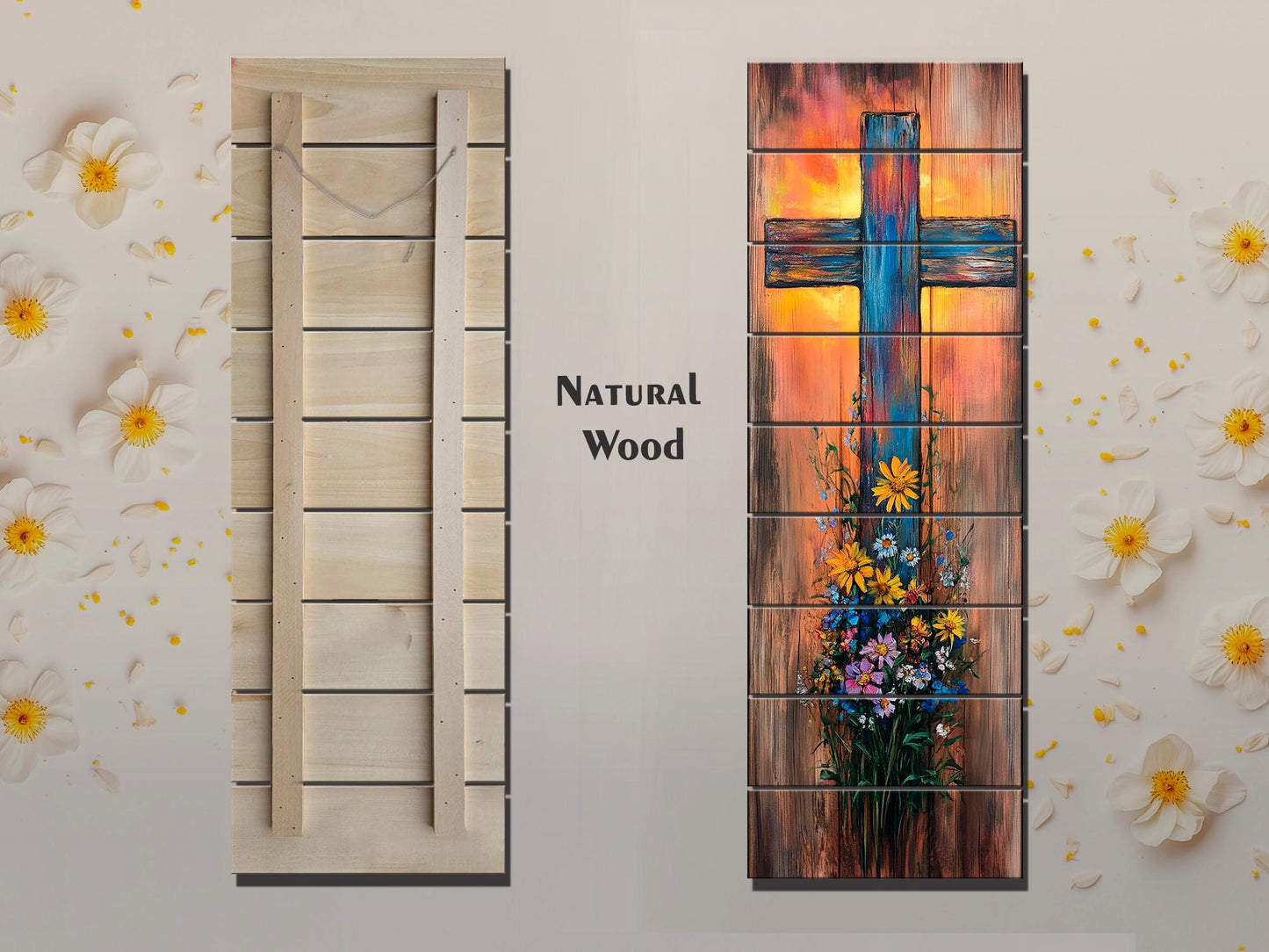 Rustic Cross with Wildflowers Painting Printed on Natural Wood – Christian Print on Wood, Religious Wall Art, Christian Wall Decor