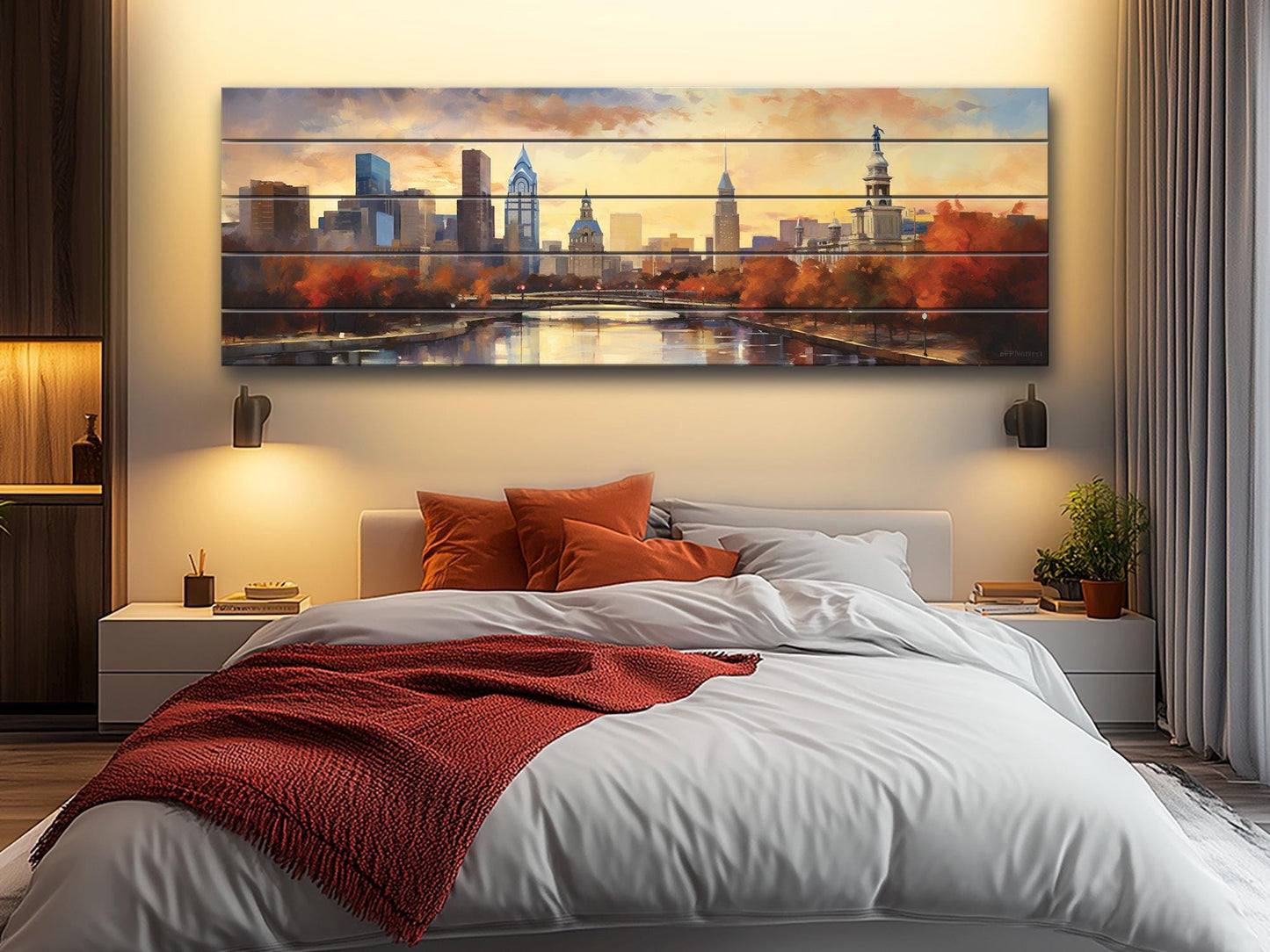 Philadelphia Wood Wall Art – Rustic Abstract Skyline Print on Natural Wood Grain