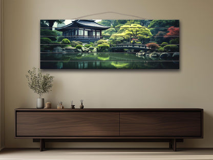 Japanese Wooden Wall Art – House by Pond Print on Natural Wood Panel