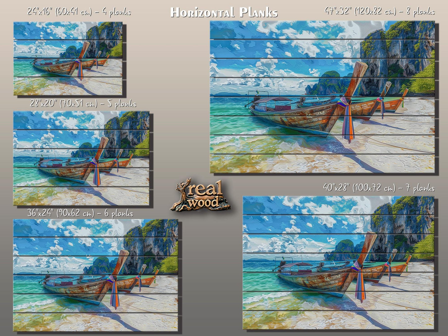 Wood Wall Art - Boats on Beach Print | Tropical Wall Decor with Unique Wood Grain