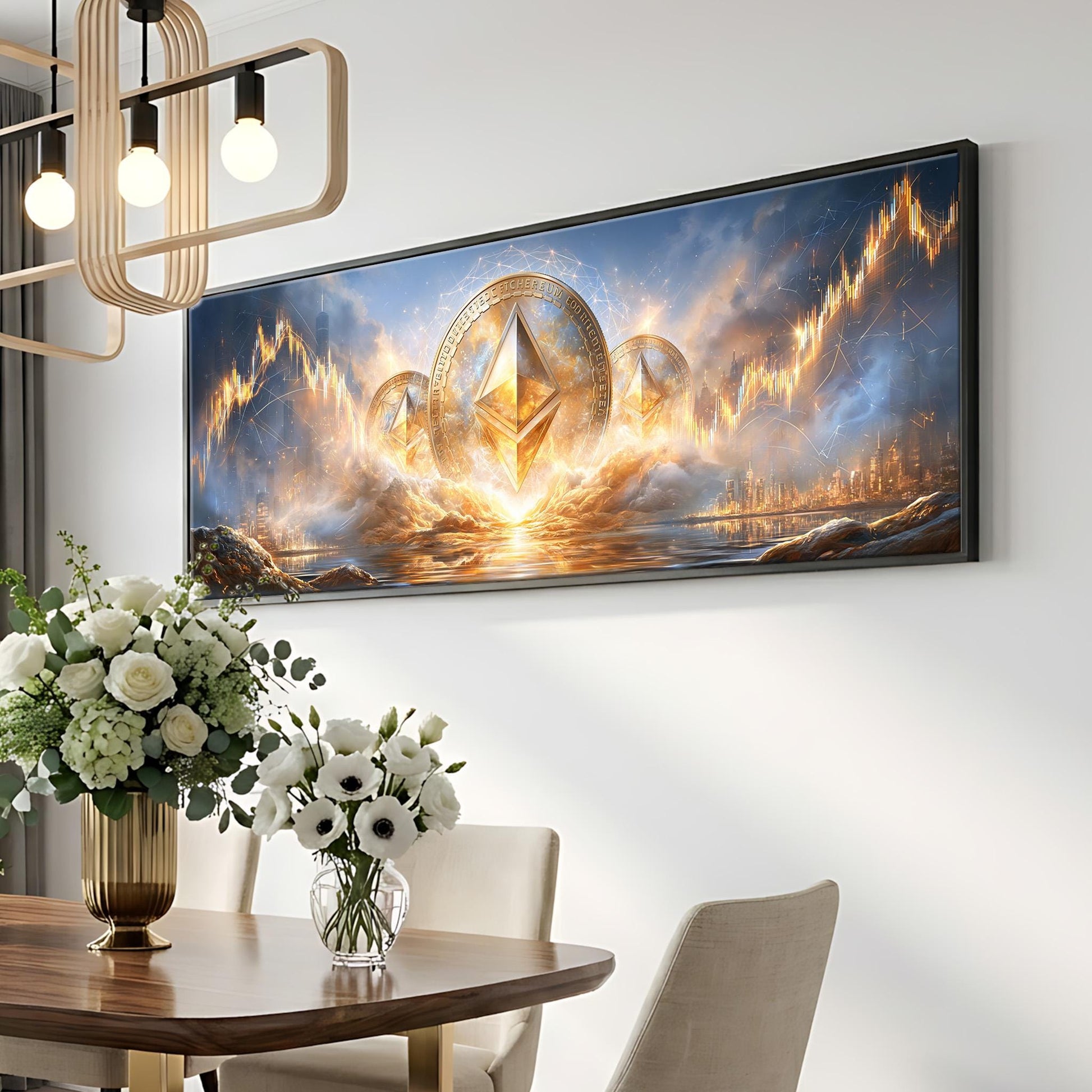 a large painting of a golden triangle surrounded by a golden ring, with a cityscape and a sunrise in the background. The painting is hung on a white wall above a wooden dining table with a vase of white flowers.