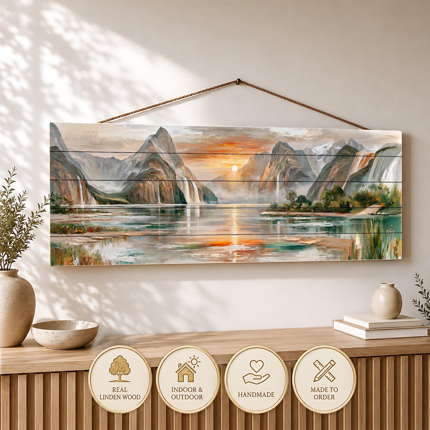 a large wooden wall hanging depicting a scenic landscape with mountains, a lake, and a sunset. The wall hanging is hanging on a wall and is accompanied by a wooden shelf with decorative items and a potted plant.