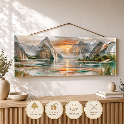 a large wooden wall hanging depicting a scenic landscape with mountains, a lake, and a sunset. The wall hanging is hanging on a wall and is accompanied by a wooden shelf with decorative items and a potted plant.