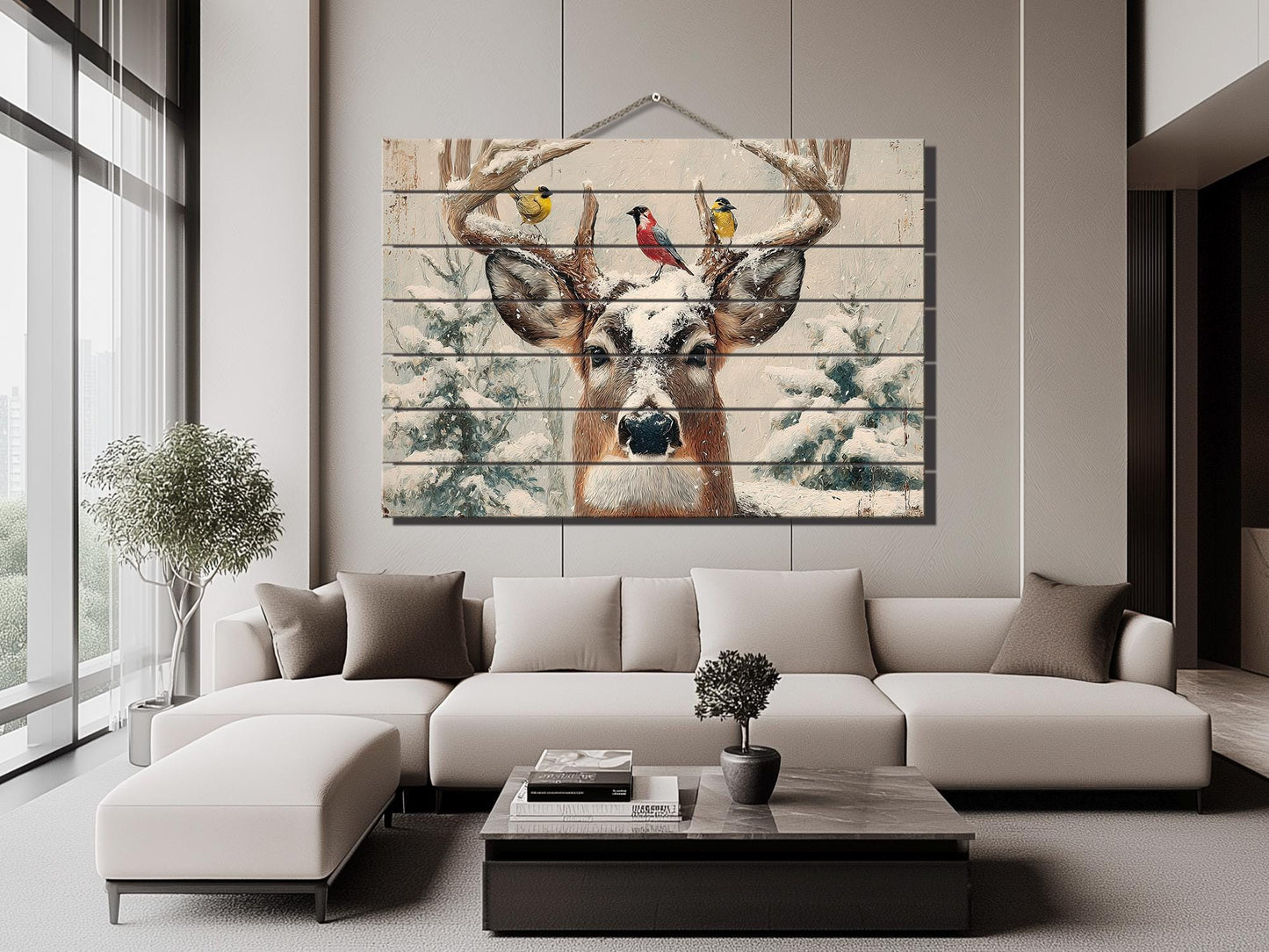 Snowy Deer Wall Art on Wood – Rustic Winter Scene, Cabin Decor