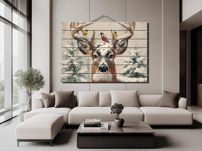 Snowy Deer Wall Art on Wood – Rustic Winter Scene, Cabin Decor