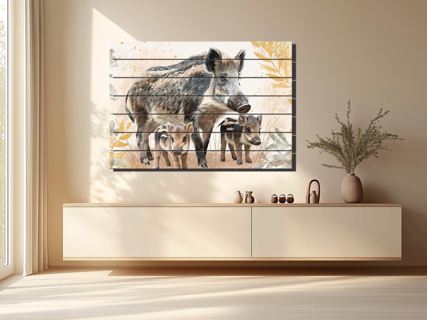 Cute Wild Boar Family Kids Print on Wood – Animal  Wall Art