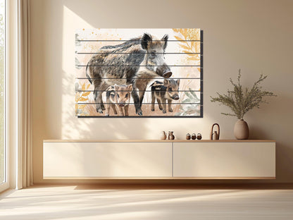 Cute Wild Boar Family Kids Print on Wood – Animal  Wall Art