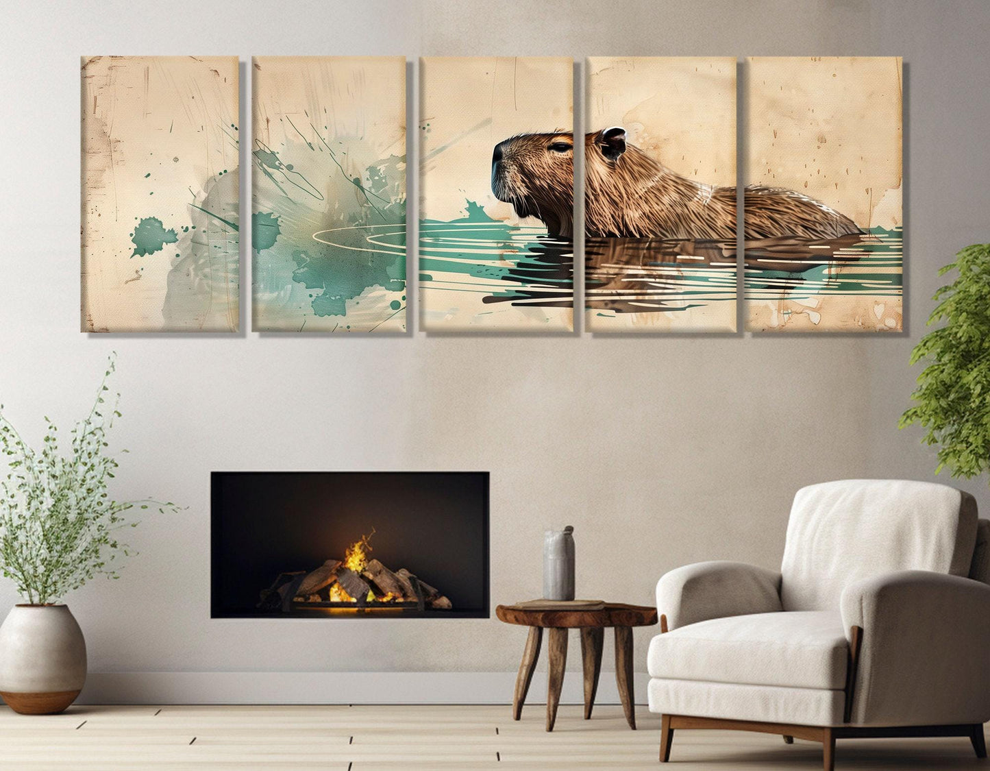 Capybara Swimming in Lake Painting Canvas Print, Large Capybara Wall Art, Modern Nursery Wall Decor, Framed and Ready to Hang