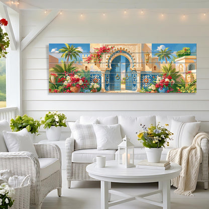 Moroccan Palace Gate Canvas Print, Blue Door Wall Art, Moorish Architecture Painting, Exotic Courtyard Decor