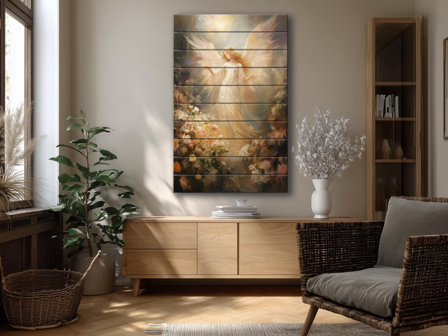 Angel Wood Print – Rustic Spiritual Art on Natural Wood Planks | Religious Wall Decor