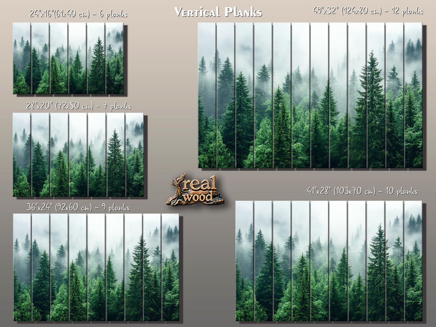 Rustic Wood Wall Art - Pine Forest Print on Natural Wood Planks | Misty Foggy Decor